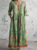 Vintage Floral Art Print Pocket Cotton Dress