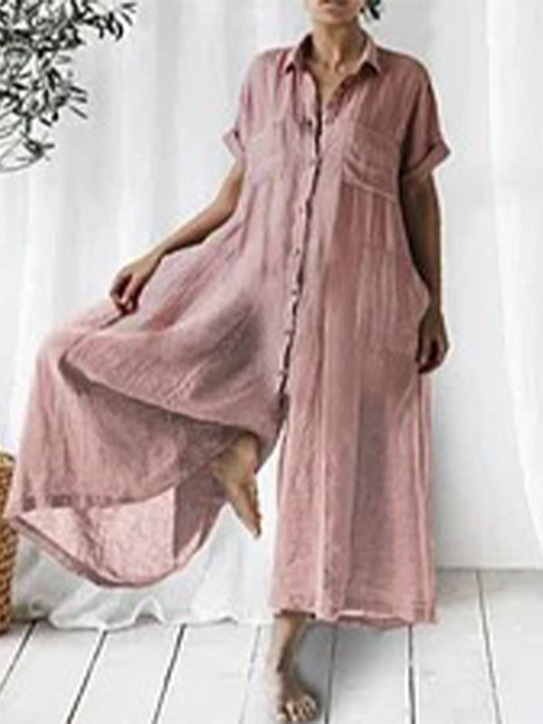 Casual Solid Linen Loose Lapel Jumpsuit