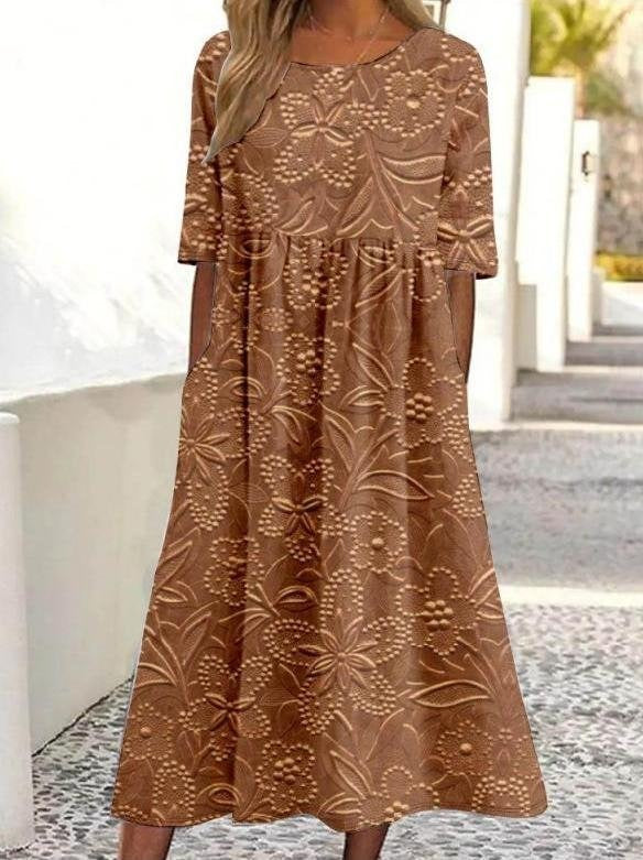 3D Floral Print Crew Neck Half Sleeve Comfy Vintage Maxi Dress