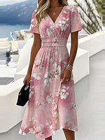 Floral Pink V-neck Short Sleeve Midi Dress