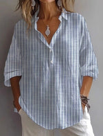 Navy-White Striped V-neck 3/4 Sleeve Tops