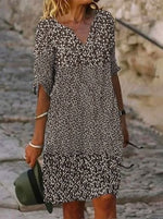 Floral V Neck Half Sleeve H-Line Casual Mini Dress