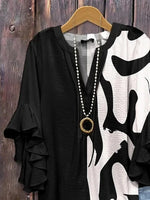 Abstract Pattern V-neck Frill Half Sleeve Loose Blouse