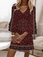 Ethnic Floral V Neck Half Sleeve H-Line Comfy Mini Dress