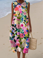 Floral Print Crew Neck Sleeveless Casual Comfy Maxi Dress
