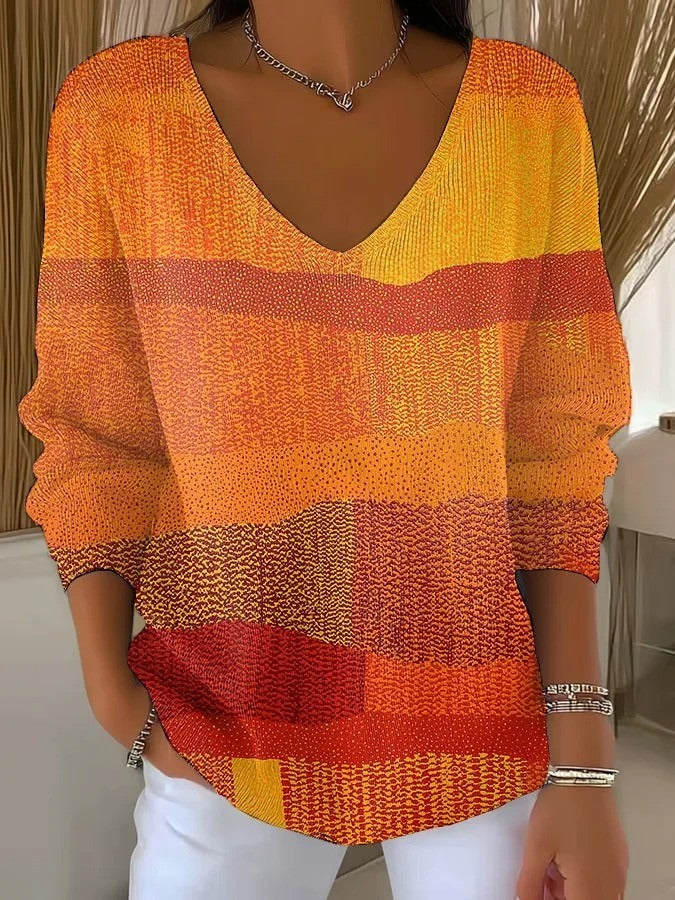 Orange Abstract Art Print V Neck Long Sleeve Casual Sweater
