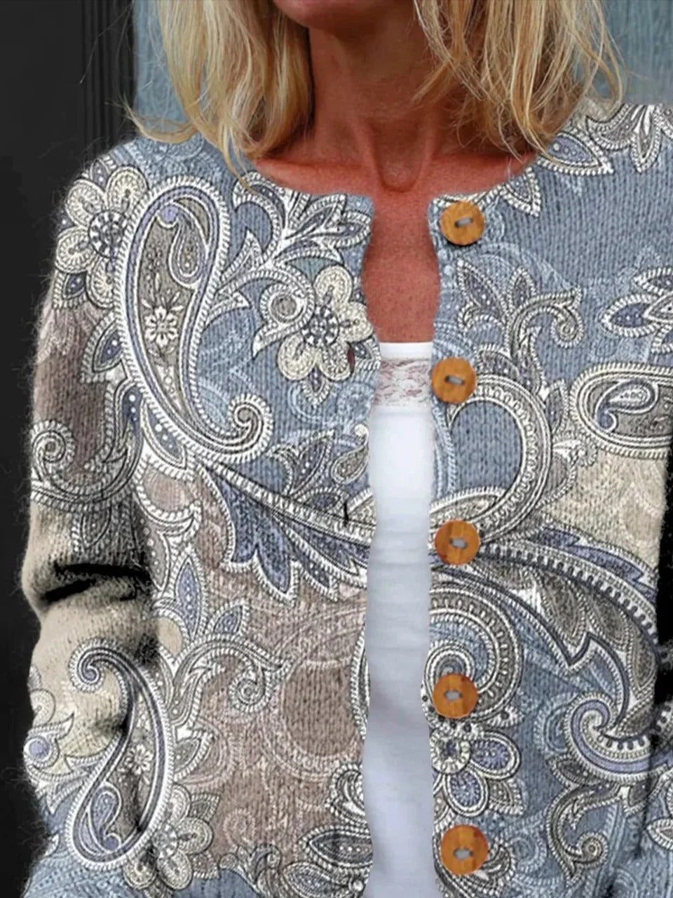 Ethnic Paisley Art Print Buttoned Long Sleeve Cardigan