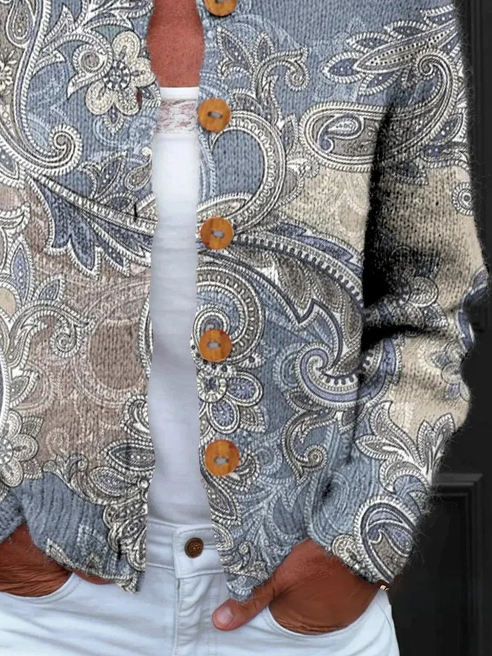 Ethnic Paisley Art Print Buttoned Long Sleeve Cardigan