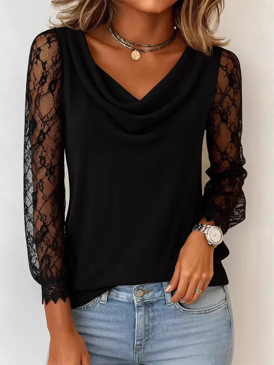Solid Color Lace-trimmed Turtleneck Blouse