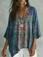 Vintage Floral Art Print Casual Bat Sleeve Denim Shirt