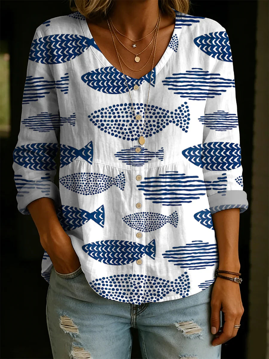 Women's Retro Floral Pattern Art Print Casual Cotton Shirt