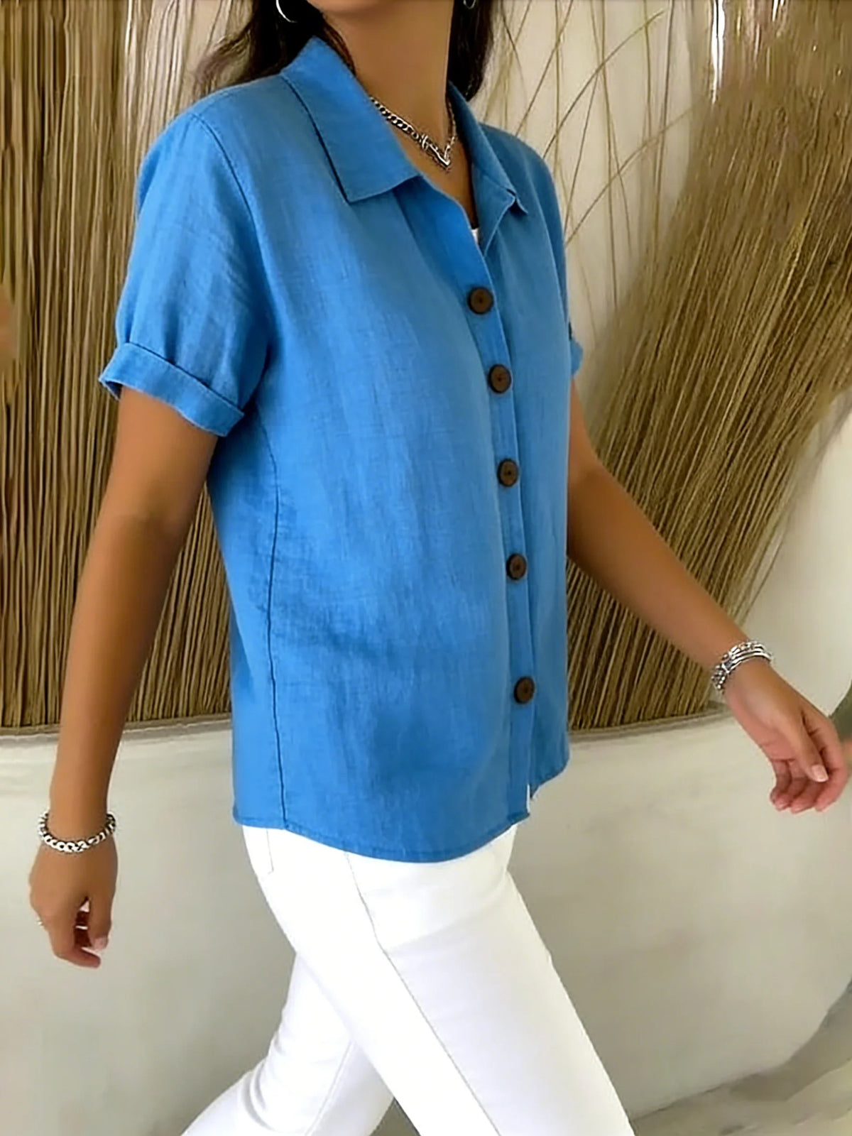 Basic Button-up Linen-cotton Short-sleeved Casual Shirt
