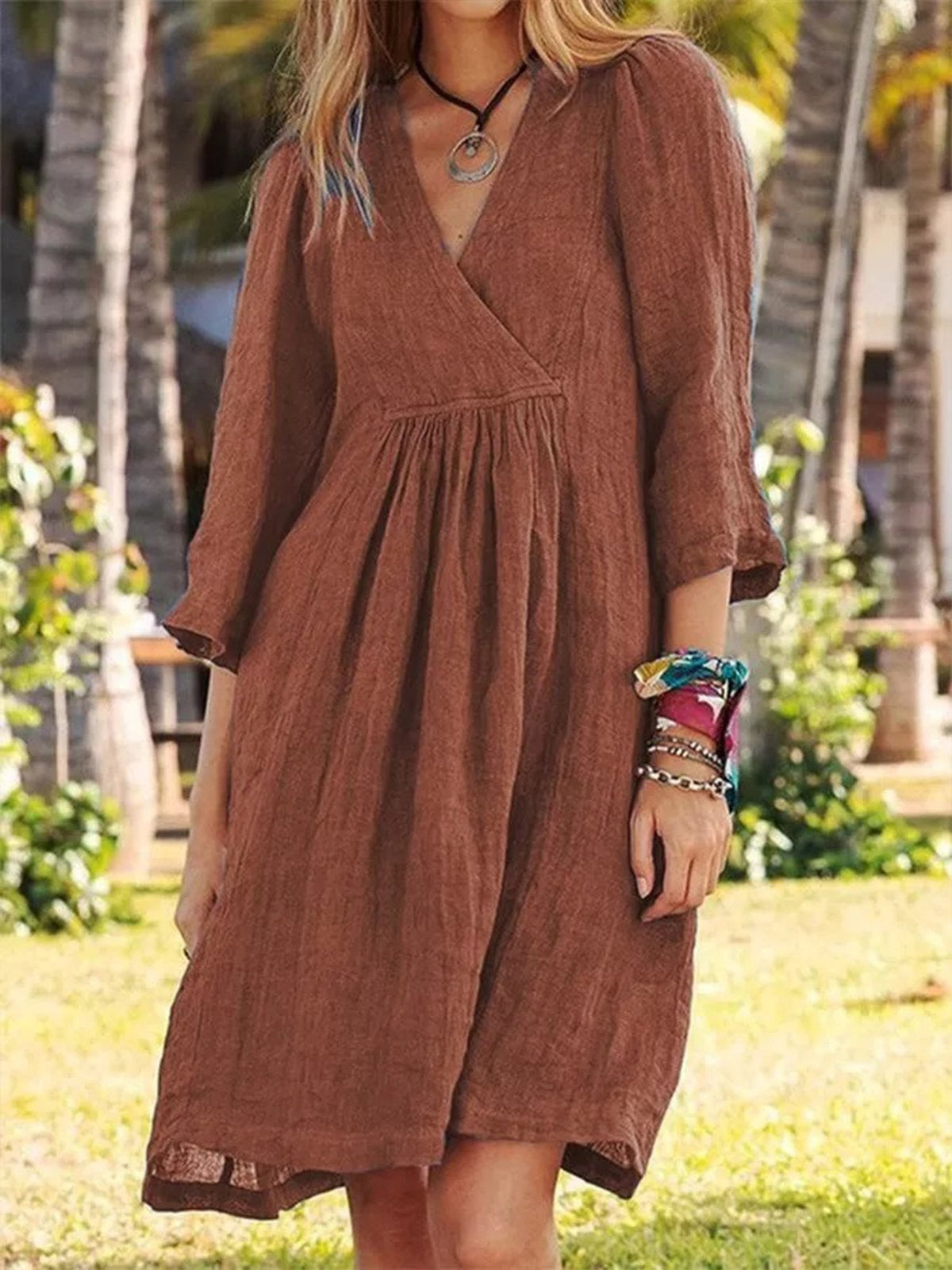 Casual Loose Plain V Neck Mini Dress