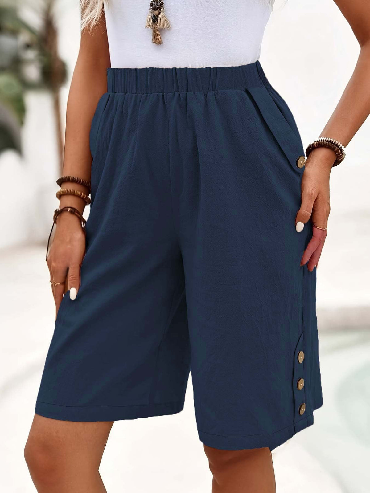 Elegant Plain Loose Side Pockets Fifth Pants