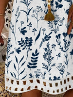 Floral V Neck Linen Style Loose Mini Dress