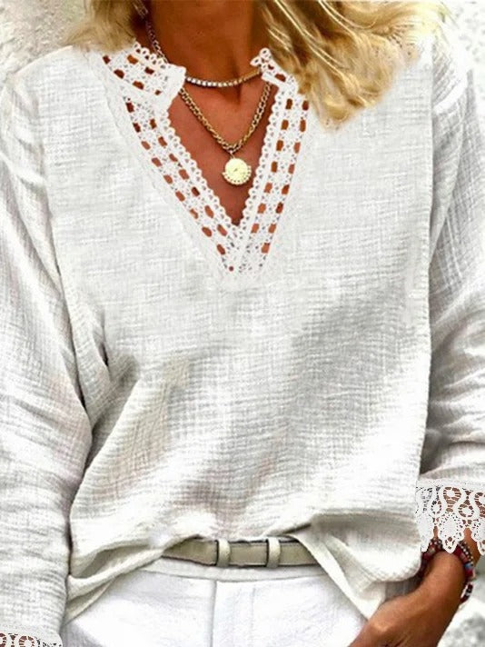 Plain Lace Edge Long Sleeve Casual Shirt