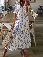 V Neck Loose Blue Floral Casual Maxi Dress
