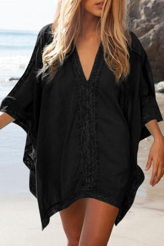 Solid Color Hollow out V-neck Half Sleeves Tunic Cover Up