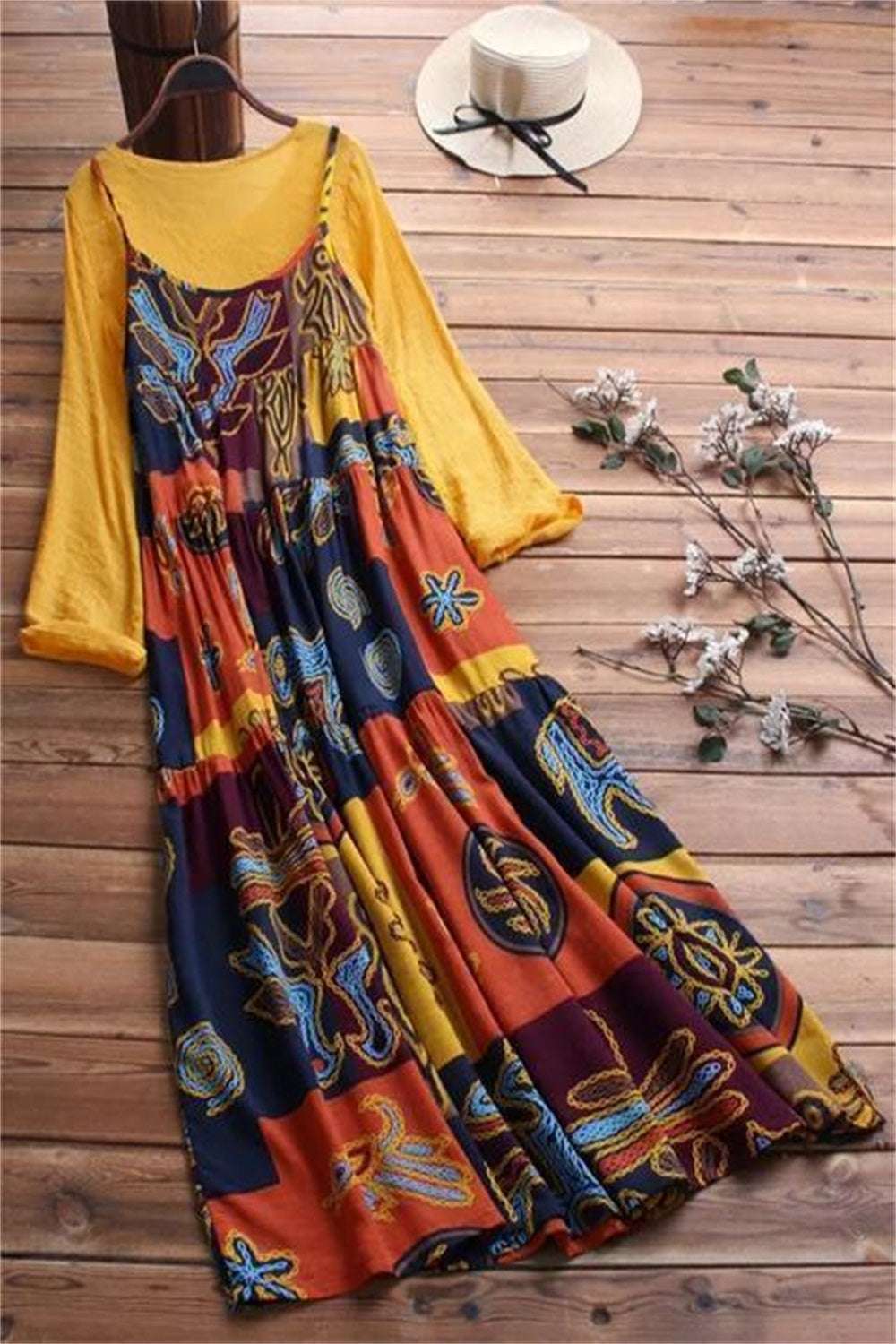Character Print Round Neck Long Sleeves Maxi Two Piece Dress