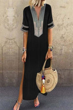 Patchwork Print V-neck Short Sleeves Maxi Dress