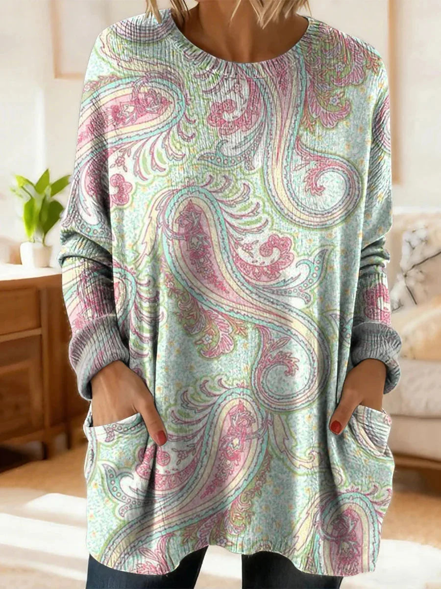 Ethnic FloralPrin Round Neck Long Sleeve Pockets Loose Casual Sweater