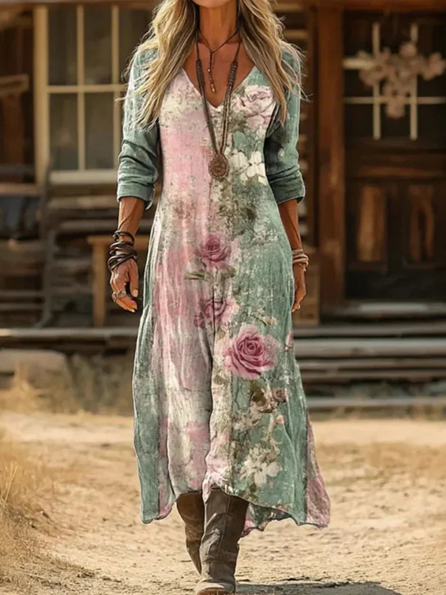 Vintage Floral Print Long Sleeve V-neckDress