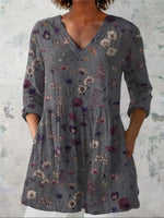 Women's Flowers Print Casual V-Neck 3/4 Sleeve Shirt