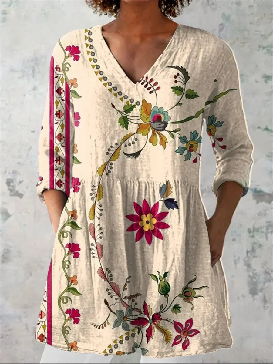 Vintage Floral Print V-Neck 3/4 Sleeve Casual Comfy Shirt