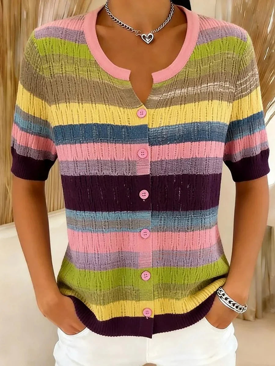 Stylish Multicolor Striped Short Sleeve Top