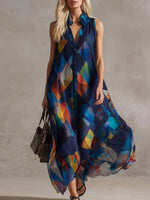 Trendy Blue Geometric Print Sleeveless Maxi Dress