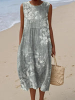 Vintage Floral Print Round Neck Sleeveless Casual Comfy Midi Dress