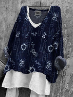 Boho-Chic Floral Printed Navy V-neck Long Sleeve Top