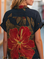 Bold Tropical Hibiscus Print Short Sleeve Top