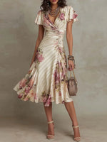 Multicolor Floral Print Short Sleeve Midi Dress