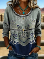 Vintage Floral Print Round Neck 3/4 Sleeve Blouse