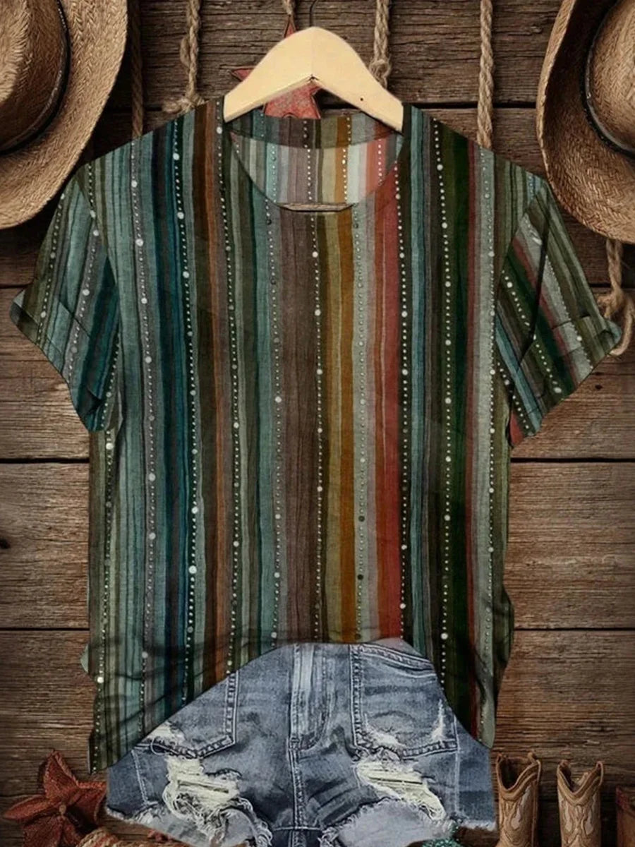 Vintage Striped Round Neck Short Sleeve T-Shirt