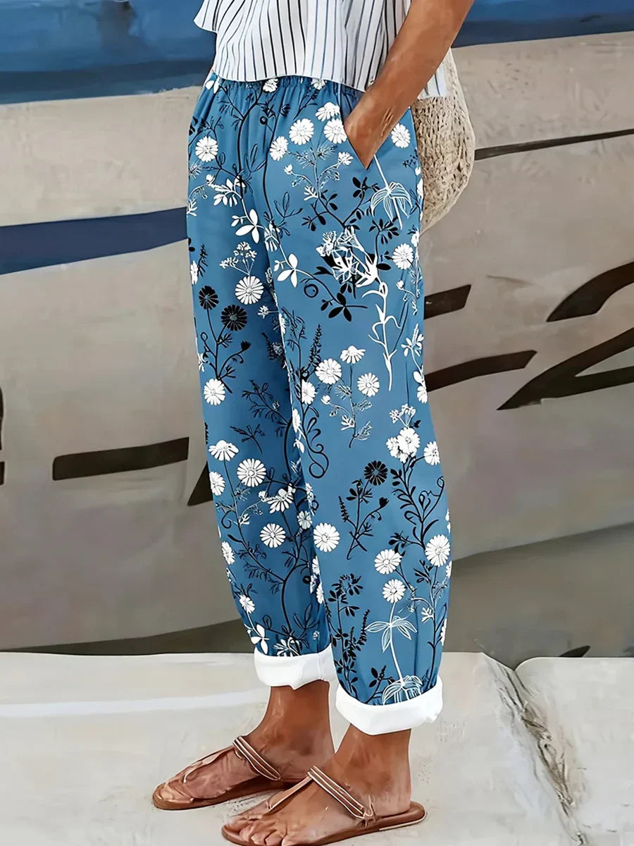 Blue Floral Print Jogger Pants