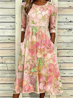 Women Floral Print Crew Neck Half Sleeve A-Line Dress