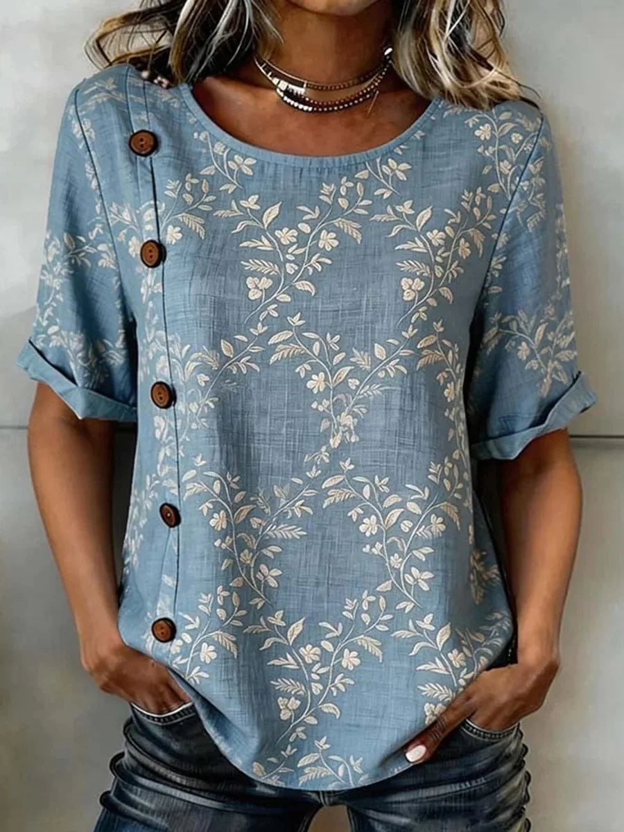 Blue Floral Print Round Neck Short Sleeve Roll-Cuff Button-Down Blouse