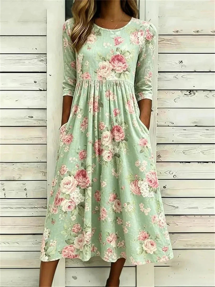 Vintage Floral Print Round Neck 3/4 Sleeve Dress