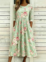 Vintage Floral Print Round Neck 3/4 Sleeve Dress