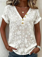 White Floral Print V-Neck Short Sleeve Blouse