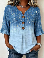 Blue Gradient Floral V-neck 3/4 Sleeve Blouse