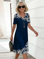 Navy Blue Floral Print Short Sleeve A-Line Dress