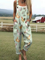 Women's Farm Chicken And Floral Pattern Casual Wide Leg Jumpsuit
