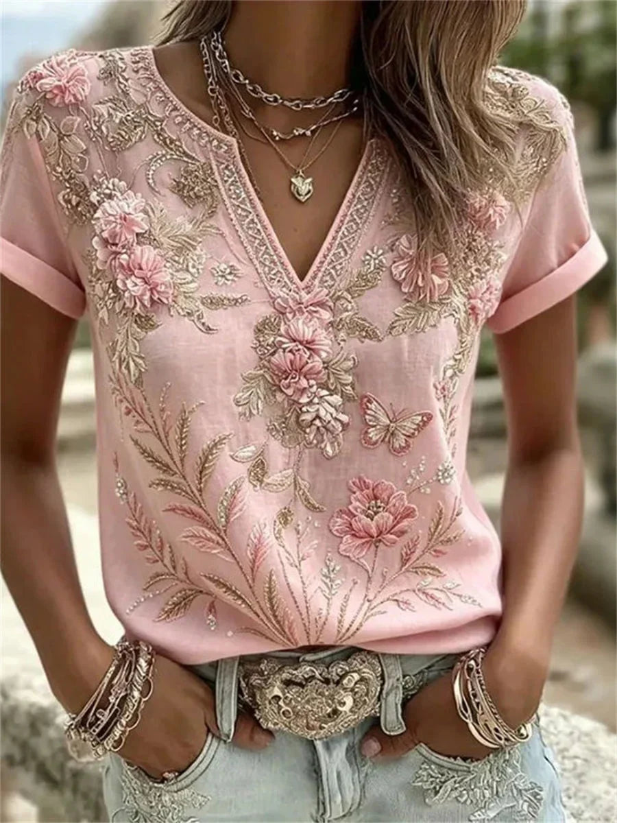 Vintage Floral Print V-neck Short Sleeve Blouse