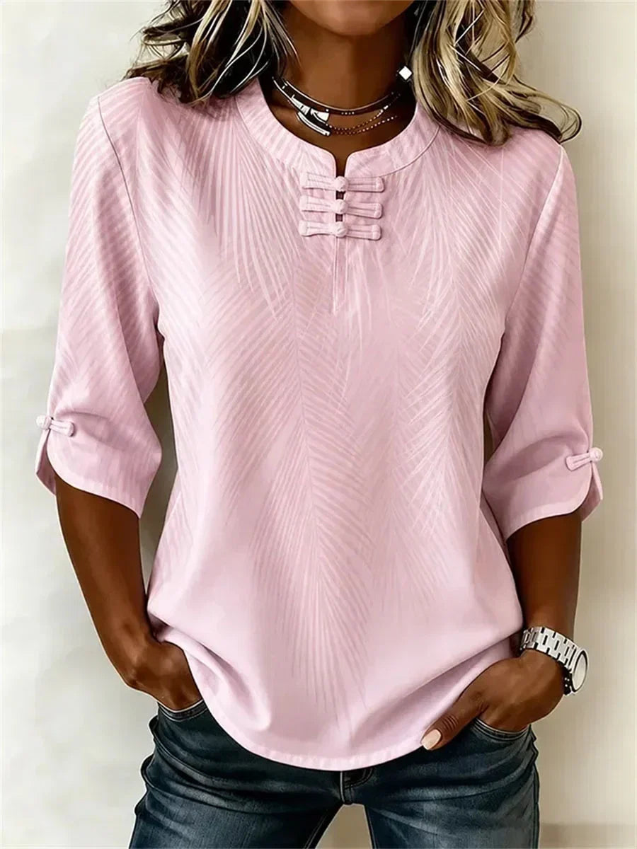 Mandarin Collar Half Sleeve Abstract Printing Regular Micro-Elasticity Regular Fit Blouse For Women