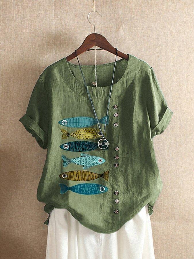 Cartoon Fish Print Buttons Short Sleeves T-shirt