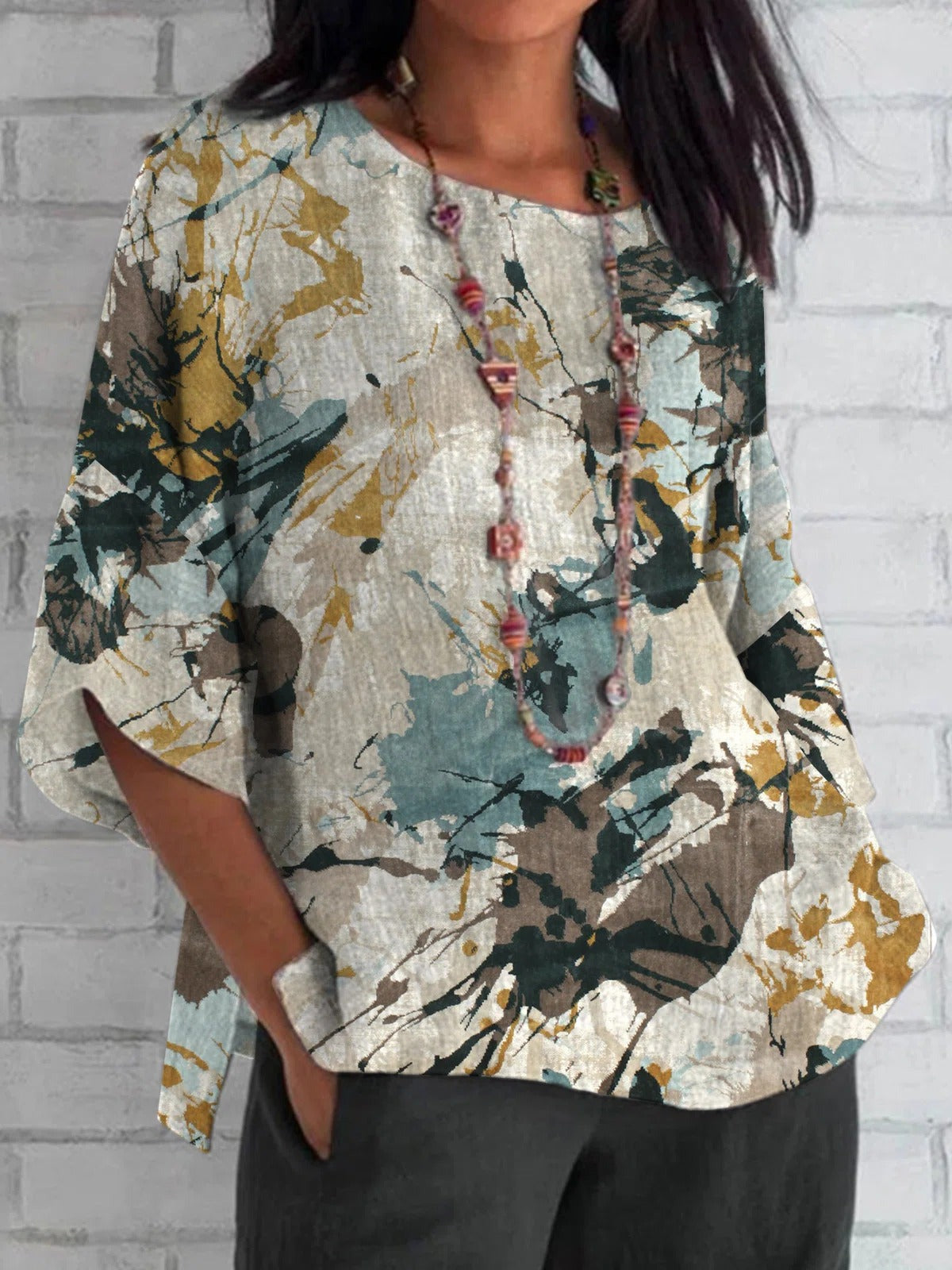 Graffiti Print Round Neck Half Sleeves Blouse