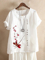 Floral Print Crew Neck Buttons Short Sleeves T-shirt